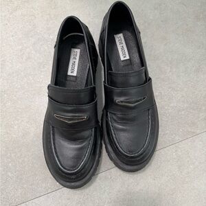 Steve Madden Black Leather Penny Loafers with Metal Accent